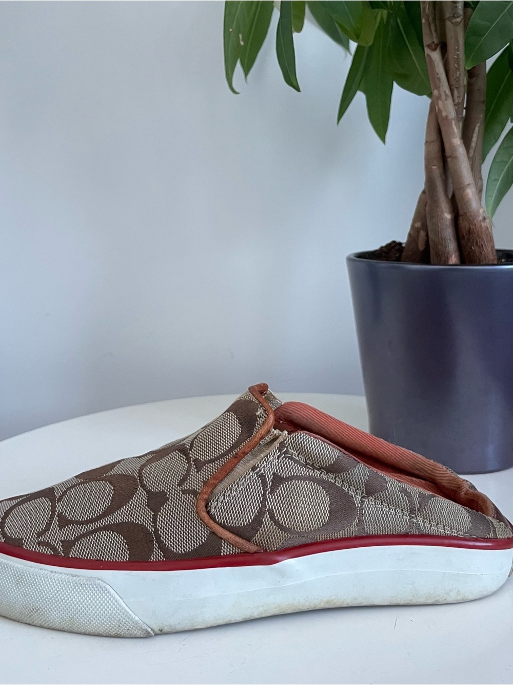 Women Size 6 Coach Brown Monogram Jacquard Slip-on Red Trim Shoes